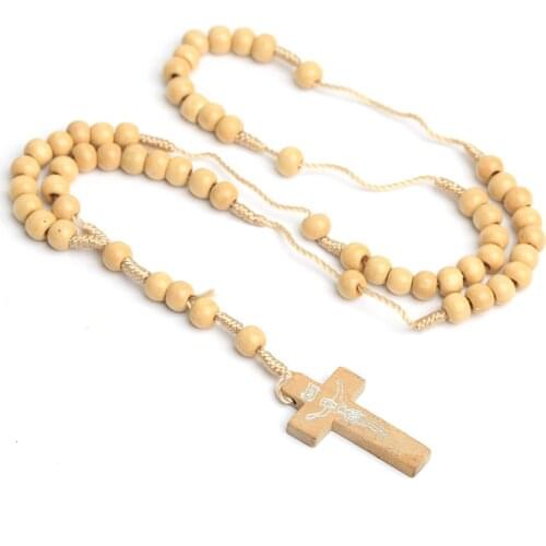 2021 new natural pine wood grain beads handmade cross necklace rosary Catholic jewelry