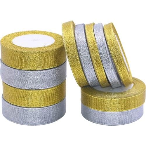 25Yards 4 Sizes Handmade Glitter Golden Silver Ribbon Metallic Luster for Wedding Christmas Invitation Decor Card Gift Warpping