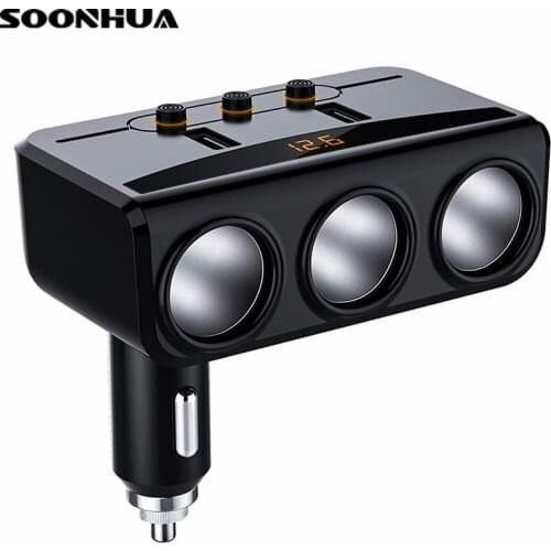 SOONHUA 12V-24V Cars Cigarette Lighter Adapter 3 Sockets Dual USB Charger Splitter For DC12-24V vehicles such Cars Truck SUV Etc