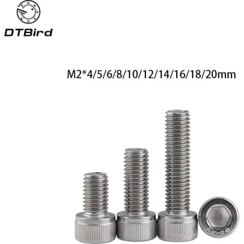 100pcs Metric Thread DIN912 M2 304 Stainless Steel Hex Socket Head Cap Screw Bolts M2*(4/5/6/8/10/12/14/16/18/20) mm
