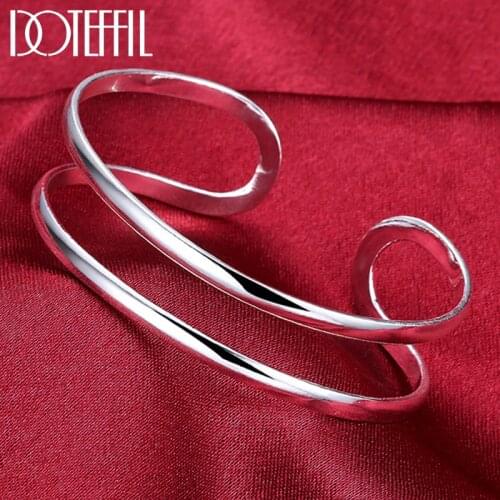 DOTEFFIL 925 Sterling Silver Double Circle Line Bangle Bracelet For Woman Wedding Engagement Fashion Charm Party Jewelry