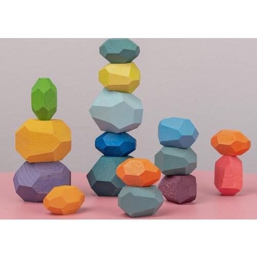 Children Colored Stone Jenga Stacking Blocks Creative Wooden Nordic Style Rainbow Stone Wood Blocks Baby Educational Toys