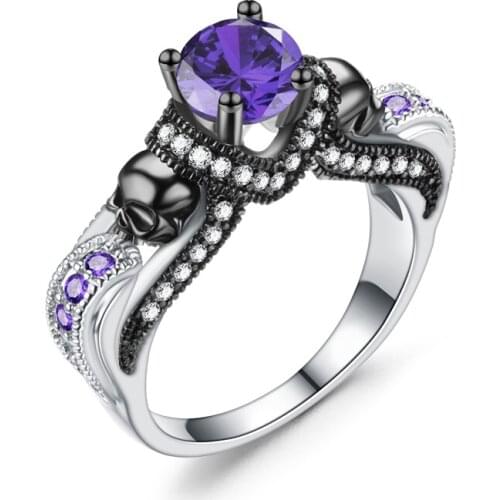 Black Gold Color Rings Vintage Skull Shaped Ring Purple CZ Cubic Zirconia Fashion For Women Jewelry