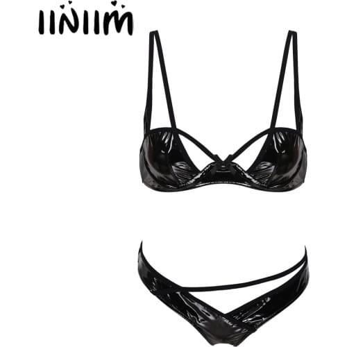Women Ladies Hollow Out Wetlook Latex Leather Lingerie Sets Nightwear Clubwear Unlined Underwired Bra Tops with G-string Briefs