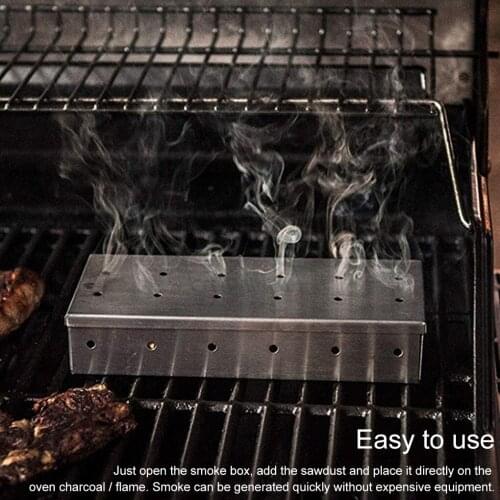 BBQ Smoker Box for Gas Charcoal Grill BBQ Wood Chips Stainless Steel Meat Smoky Flavor Box Barbecue Tools