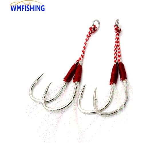 10Pair/20pai Assist Hook Split Ring JigLure Jigging Fishjig Double Pair Barbed Assist Hooks Pesca Peche Red Feather Fishing Jig