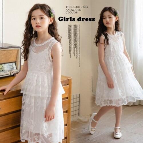 Girls Summer Dress White Lace Party Birthday Mesh Vest Dresses Girls Teenage Clothes 2021 New Kids Prom Dress 10 12 13 Years