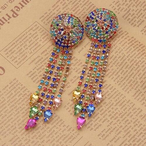 Fashion Colorful Crystal Rhinestone Long Tassel Earrings Women Bohemian Ethnic Party Fringe Drop Earrings ZA Jewelry