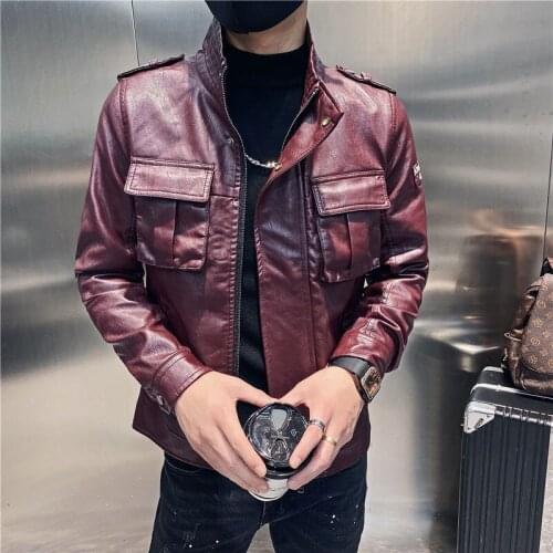 Luxury Autumn Faux Leather Casual Mens Coats Fashion Slim Fit Man Jackets 4XL Red Stand Collar Pu Male Jacket Jaqueta Motoqueiro