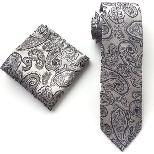 Men Necktie Set Silver Gray Designers Paisley Ties Pocket Square Sets for Wedding Party