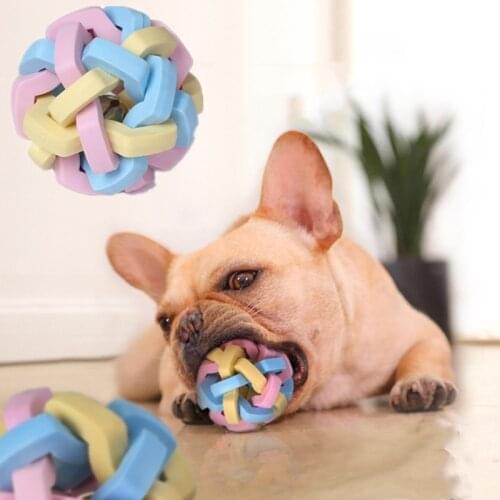 Pet Dog Ball Toy Colorful Rubber Training Chew Ball Bell Squeaky Sound Toy Bite Resistant Play Ball Macaron Knitted Ball