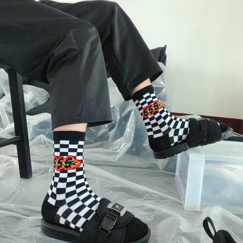 Street Fashion Cotton Adult Flame Plaid Crew Socks Tarbosaurus Tyrannosaurus Bataar 666 Men Women Harajuku Sports Letters Couple