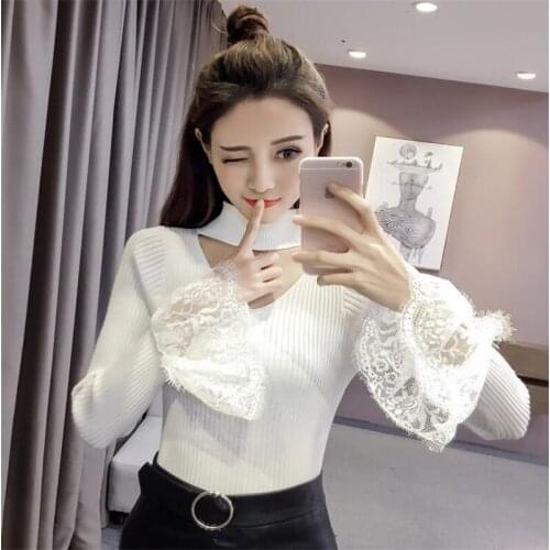 Sanishroly 2018 Autumn V-Neck Knitted Sweaters Women Lace Patchwotk Sweater Ladies Flare Sleeve Pullovers Knitwear Tops SE180