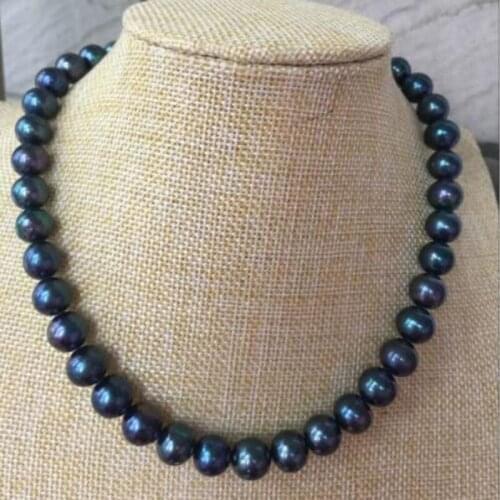 Stunning 10-11mm tahitian black green pear necklace 18inch 925 silver