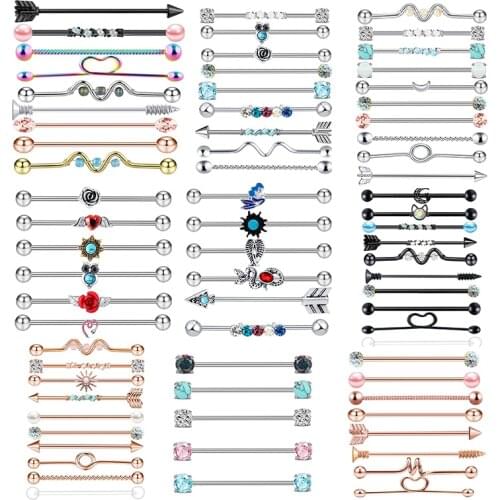 Stainless Steel Heart Industrial Piercing Set Arrow Industrial Barbell Lot Crystal Industrial Piercing Bar Bulk Cartilge Earring