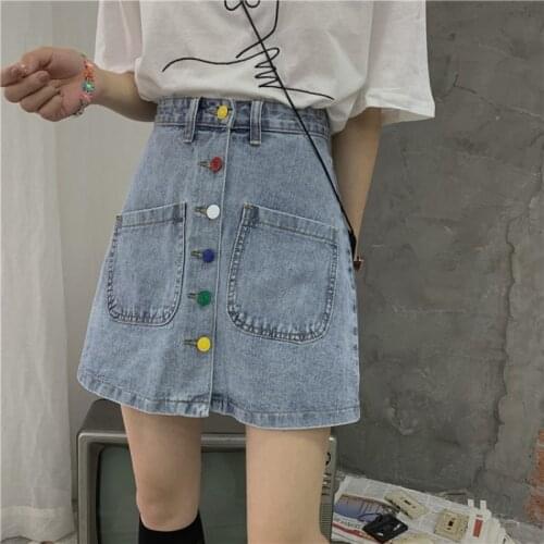 Womens Mini Skirts Fashion All-match High Waist Colored Button Pockets Skirt Trendy Sexy Blue Denim Skirt