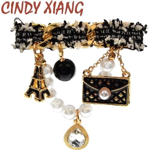 CINDY XIANG New Cloth Hanging Pearls Brooches Women Unisex Vintage Bag Lron Tower Tassel Party Office Brooch Pins Jewery Gifts