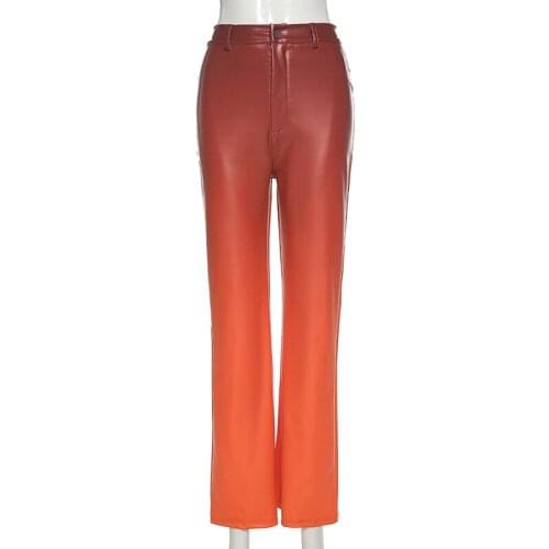 Stylish Gradient Color Faux PU Leather Women Straight Pants Spring Fall High Waist Vintage Streetwear 2021 Casual Trouser