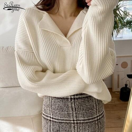 Autumn New 2021 White Casual Chic Loose Turn-down Collar Women Knitted Jumpers Full Sleeve Female Solid Pullover Sweaters 17229