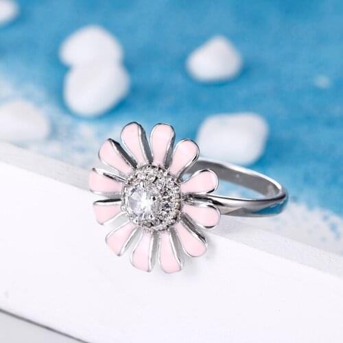 100% 925 sterling silver fashion rotatable pink sunflower shiny crystal ladies`party ring jewelry female open finger rings gift