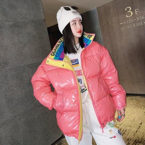 Winter Clothes Women Shiny Down Jacket Fashion Candy Color Long Sleeve Ladies Streetwear Letter Print White Duck Down Parka 2021