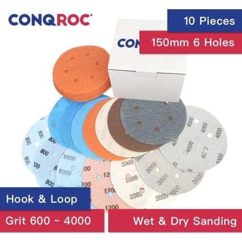 10 Pieces 150mm 6 Inch 6 Holes Flexible Soft Film Sand Paper Hook & Loop Sanding Discs Wet & Dry Film Sand Discs Grit 600~4000
