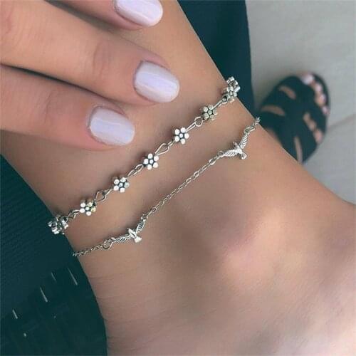 2 Pcs/ Set Punk Exquisite Heart Flowers Eagle Bird Chain Pendant Anklet Women Personality Multilayer Anklet Set