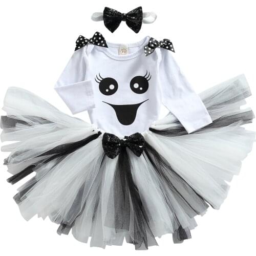 3 Pcs Baby Girls Outfits, Cartoon Long Sleeve Round Neck Romper with Bowknot + Tulle Skirt + Headband