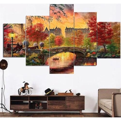5DDiy Diamond Embroidery 5Panel Autumn landscape tree bridge full Square Round Diamond painting Mosaic Wedding DecorationZP-2673