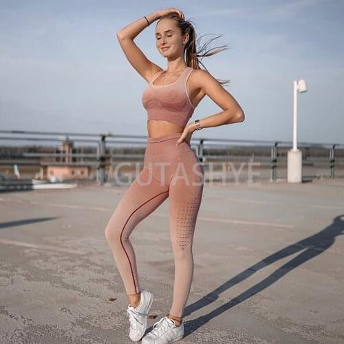 GUTASHYE Seamless High Waist Gradient Shark Yoga Set Gym Workout Running Fitness Women Sportwear Stretch Push Up Leggings & Bra