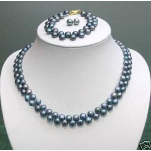 7-8MM Black Akoya Pearl Necklace Bracelet Earring AAA