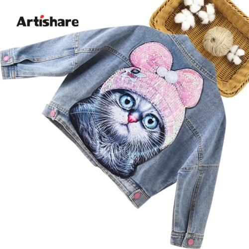 Girls Denim Jacket Outerwear Solid Color Coat For Girls Cat Sequin Jacket Girl Spring Autumn Childrens Clothes