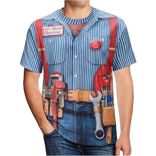 Maintenance mens short sleeve T-shirt 3D printed round collar check fun work uniform Size S-7XL