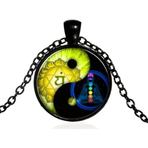 Classical Yin Yang Tai Chi Yoga Meditation Starry Sky Round Glass Pendent Necklace for Women Men Girls Kids Collar Jewelry Gift