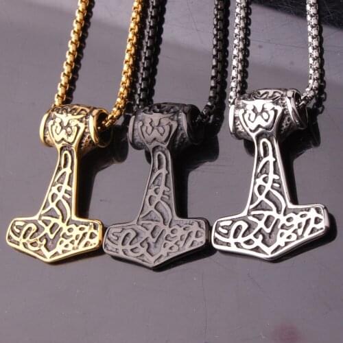 Casting Silver Color Gold Black Stainless Steel Thors Hammer Viking Amulet Mjolnir Mens Pendant Necklace Free Box Chain 24"*3mm