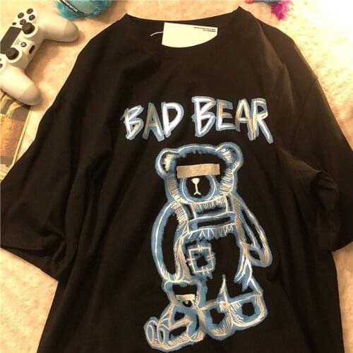 Mechanical bear dark cartoon print short-sleeved T-shirt women streetwear casual loose O-neck top y2k Harajuku Oversize T-shirt