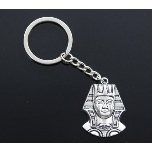 New Fashion Men 30mm Car Keychain DIY Metal Holder Chain Vintage Egyptian King Tut Tutankhamun 37x26mm Silver Color Pendant Gift