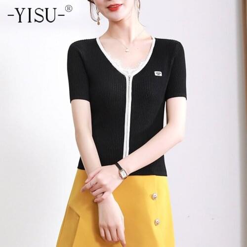YISU New Summer Cardigan Women 2021 V-Neck Slim Cardigan Coat Solid color Short sleeve sweater thin Knitted Coats Female