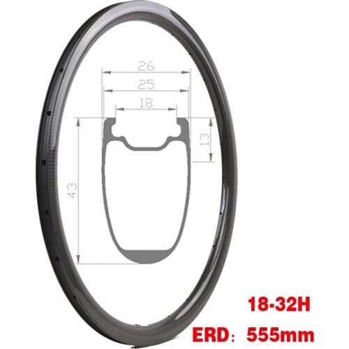 700C Road Rim Depth 43mm Width 25mm Carbon Fiber / Basalt Road Bike Rim For Disc/V brake Bicycle Rim 18-32 Holes EN UCI Standard