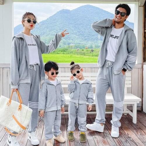 Soild Gray Hooded Top Cotton Pants Sports Suits for Boys and Girls Casual Family Look Clothes for Kids Family Matching Outfits
