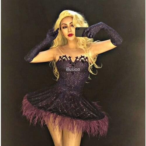 Purple Feather Dress Women Sexy Sparkling Crystals Rhinestone Dress Nightclub Party Stage Wear Costumes Dancer Singer Clothing