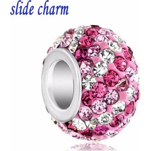 Slide charm Free shipping Valentine amulet pink stripes crystal clay beads fit Pandora charm bracelet