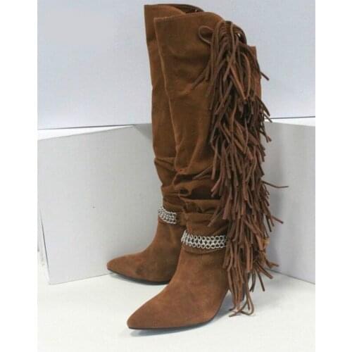 Tassels Suede Pointed Toe ladies Boots metal chains high heeled slip-on boots Spike Heel Knee High Pleated Flock Winter Boots