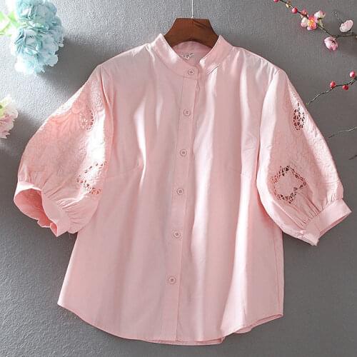 2021 New Summer Women Fashion Cotton Solid Color Loose Blouse Vintage Female Hollow Out Embroidery Half Sleeve Shirts Tops Q476