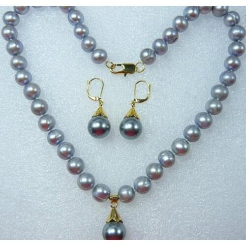 Womens fashion 8-9mm gray Natural Freshwater Pearl Pendant Necklace Earrings metal plated jewelry set gift