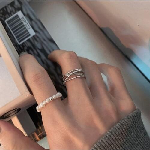 U-Magical French Cross Staggered Open Adjustable Ring for Women Statement Freshwater Pearl Beaded Index Finger Ring Jewelry