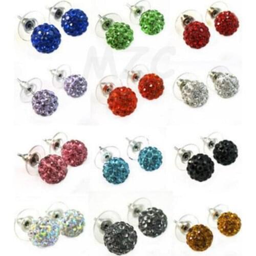 20pair/lot 10mm bead mixed white multicolor stainless steel Crystal Beads stud Crystal earrings silver plated u534