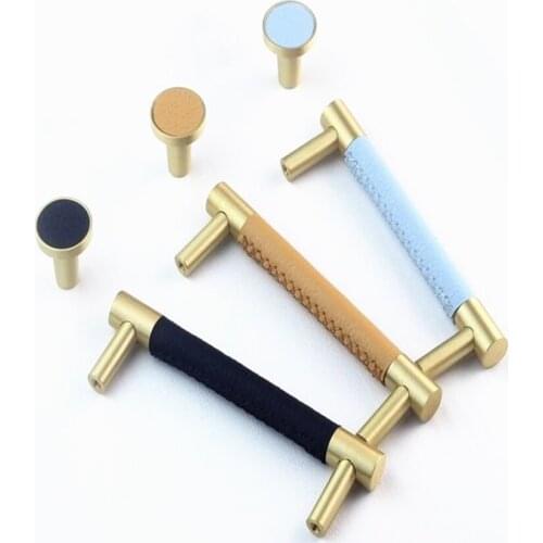 LCH Nordic Style Round Wrapped with Synthetic Leather Solid Brass Cabinet Knob Door Pull Handles Brass Knob Modern Style