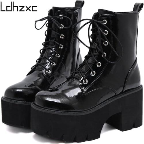 LDHZXC 2021 Woman Lace Autumn ankle Boots Womens Ladies Chunky Wedge Platform Black Patent Leather Boots Punk Goth New Arrival