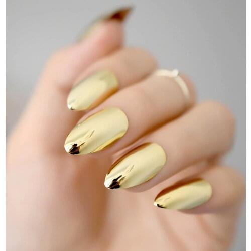 Metallic Mirror Bright Gold False Stilettos Nail Yellow Golden Metal Oval Stiletto Sharp Fake Nails Manicure Full Nails Art Tips
